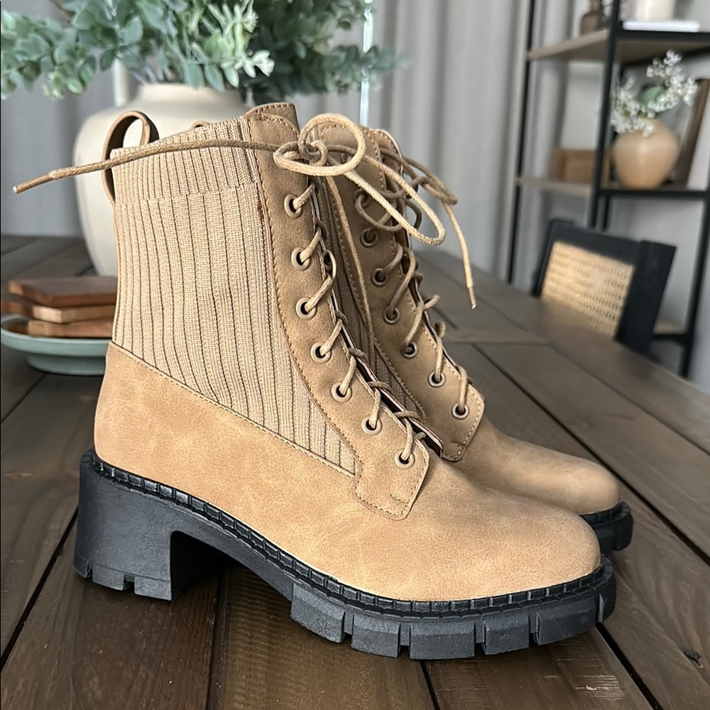 Tan and Black Lace-Up Boots with Rugged Sole
